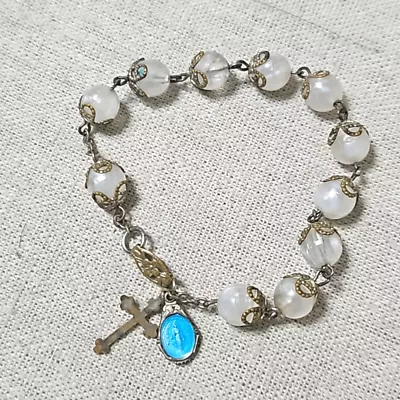 Vintage 50's Sterling Silver Mother Of Pearl Virgin Mary Rosary Bracelet • $24.50