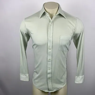 Vintage 60s 70s Disco Shirt Polyester Stretch Light Green Medium Mens 15 32 33 • $59