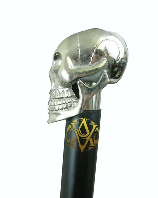 Vintage Antique Brass Wood Victorian Walking Stick Cane Silver Skull Solid Brass • £24.61