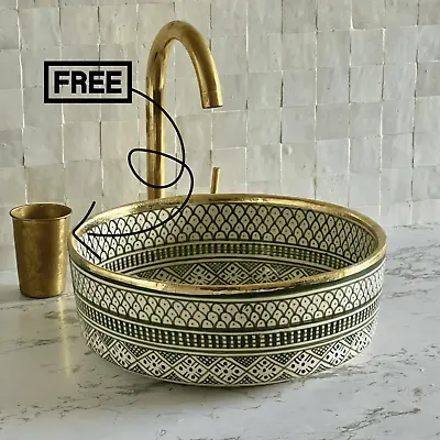 Vessel Sink For Bathroom Brass Rim Green Countertop Ceramic Sink Moroccan Sink • $219