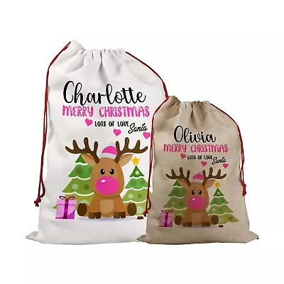 Large Personalised Any Name Christmas Santa Sack Gift Stock Bag Pink Rudolph • £13.99