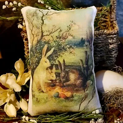 Primitive Farmhouse Easter Bunnys And Eggs Woidland Tuck Pillow Vintage • $13.95