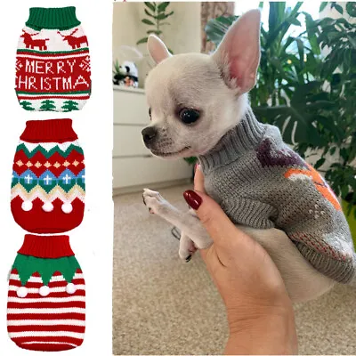 Dog Sweater Christmas Chihuahua Coat Xmas Reindeer Puppy Outfit Knitted Jumper • $7.59