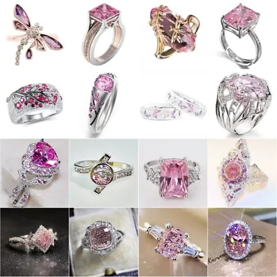 £3.26 • Buy Fashion Women Silver Ring Pink Sapphire Wedding Engagement Jewelry Size 6-10