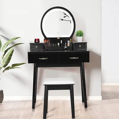 Dressing Table Makeup Vanity Table Set W/ 3-Color Dimmable Lighted Mirror Stool • $109.99