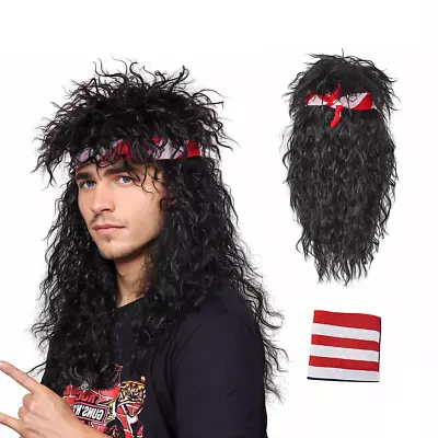 80S Wig With Bandana For Men Long Curly Black Rocker Cosplay Wig For Halloween • $32.99