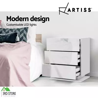 Artiss Bedside Tables Side Table RGB LED Lamp 3 Drawers Nightstand Gloss White • $77.40