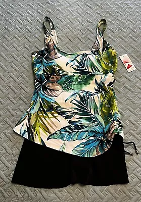 NEW Maxine Of Hollywood Swim Dress Sz 16. Blue/Green Tropical Print Blk Bottom • $32.95