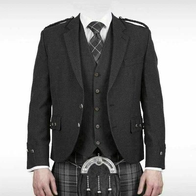 £69.99 • Buy Charcoal Grey Scottish Argyle Kilt Jacket With Vest  Wool Men Wedding Jacket