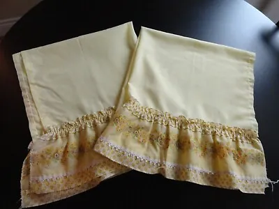 $25 • Buy Pair Of Vintage Yellow Rose Floral Cotton Ruffled  Curtains 2 Panels Retro