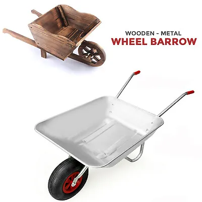 Heavy Duty Galvanised Wooden Metal Wheelbarrow Home Garden Cart With Tyre • £28.85