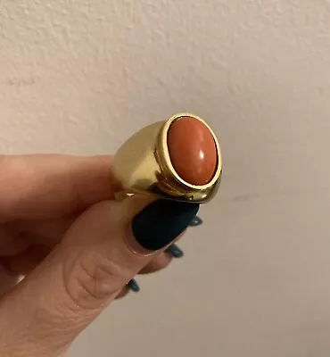 £770 • Buy 750 18k Solid Gold Italian  Ring Oval Red Coral Vintage Chunky Anello Oro