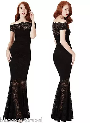 Goddiva Black Lace Bardot Maxi Evening Fishtail Mermaid Formal Party Dress Prom • £49.99