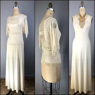 Vtg Dress 70s Deco Crochet Flapper Boho Fringe Top Minimalist Tank Maxi Wedding • $128