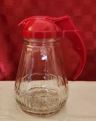 Vintage Syrup Pitcher Molded Glass Red Plastic Pour Lid • $5.12
