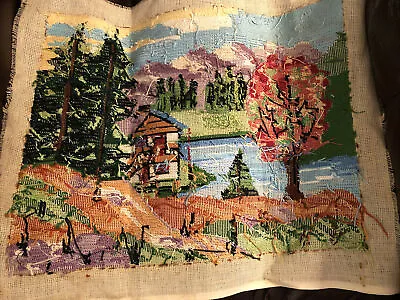 Vintage Finished Handmade Needlepoint Scenic Picture Unframed 19”x14”cabin Core • $22.47