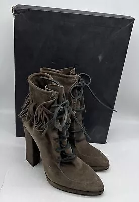 $100 • Buy Giuseppe Zanotti Grey Suede Fringe Lace-Up Almond Toe Block Heel Bootie Sz 40