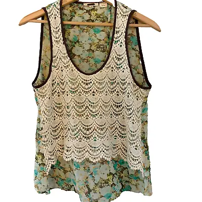 Miss Me Turquoise Crocheted Tank Top LARGE Lace Shirt Flowy Brown Blouse • $14.75