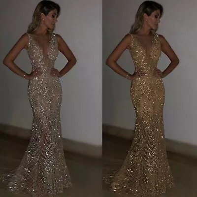 £31.39 • Buy Womens V Neck Sparkly Bling Long Maxi Dress Prom Evening Party Ball Gown Sequins