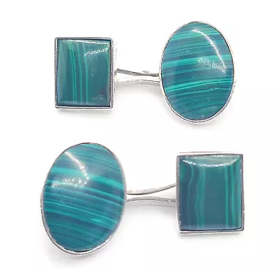 Banded Malachite Green Gemstone Vintage Sterling Silver Cufflinks • $78.40