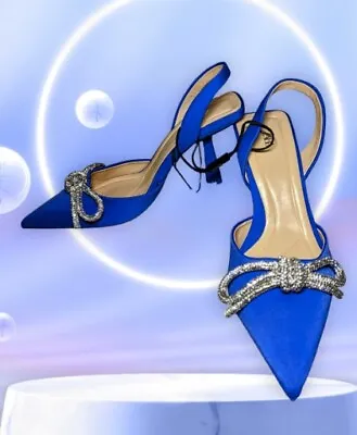 $49.99 • Buy ZARA Kitten High Heel Slingback SPARKLE Shoes RHINESTONE Bow Blue Sz 6.5