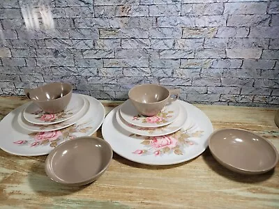 Vtg Melmac White W/Pink Roses 10 Pc Boontown Plate Saucer Cup - 2 Place Settings • $34.99