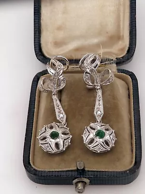 Vintage Palladium ART DECO DIAMOND COLOMBIAN EMERALD FILIGREE DROP Earrings #M19 • $229.95