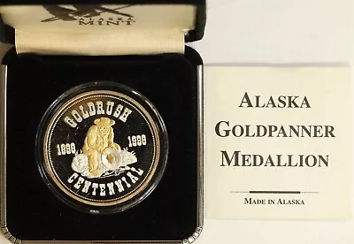 1998 Alaska 1oz 999 Silver Goldpanner Prospector Medallion W/ Gold Nugget *Rare* • $119