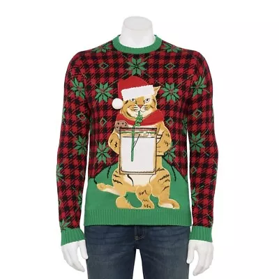 Ugly Christmas Sweater Cat W/ Milk & Cookies Snowflakes Santa Hat Men’s Size XL • $36.54