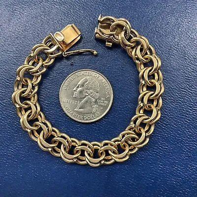 VINTAGE 1940s- 50s  14K Solid Yellow Gold 6 3/4” HEAVY  Curb Link Charm Bracelet • $2499