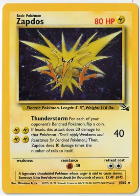 Pokemon TCG - Zapdos - Pokemon (1999) - Unlimited Fossil 15/62 Holo Rare NM • $19.99