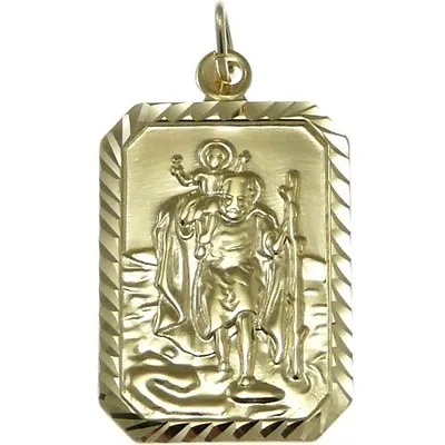 Rectangular Mens 9ct Gold St Saint Christopher Pendant Chain Necklace With Box • £299.99