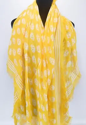 New Alexander McQueen 590934 CA BIKER Modal Border Trim Skull Scarf YELLOW/WHITE • $215.42