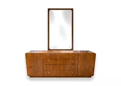 Mid Century Modern Founders Walnut And Chrome Dresser Credenza And Mirror • $2900