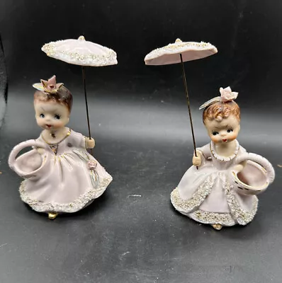 Vintage Ucagco Spaghetti Trim 1950s Figurines Twin Girls With Umbrella/Parasol • $67.54