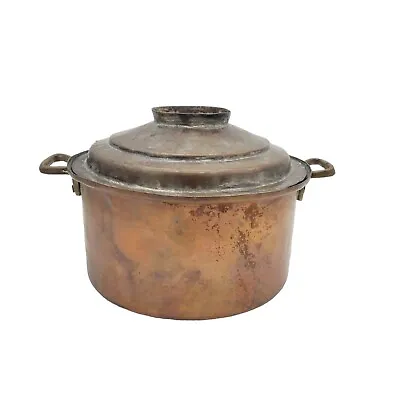 Antique Large French Tinned Copper Stew Pot W/ Hammered Dutch Lid Brass Handles • $328.66