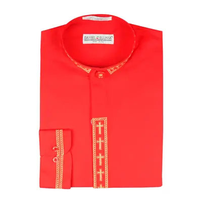 Daniel Ellissa Mens Clergy Shirt Long Sleeve Cross Placket Red/Gold • $34.99