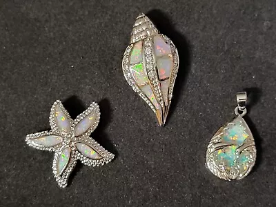Sea Ocean Beach Fire Opal 3 Piece Lot Silver Jewelry Necklace Pendants 1797 • $2.99
