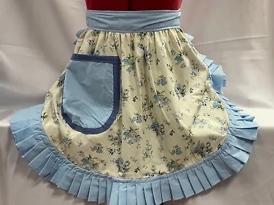 RETRO VINTAGE 50s STYLE HALF APRON / PINNY - BLUE ROSES On CREAM With PALE BLUE • £20.99