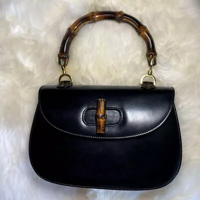Auth Gucci Old Vintage Bamboo Leather Handbag Black From Japan • $890