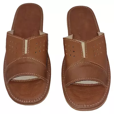 Handmade Leather Slippers For Men Natural Leather Insole Brown Upper With Band • £12.99