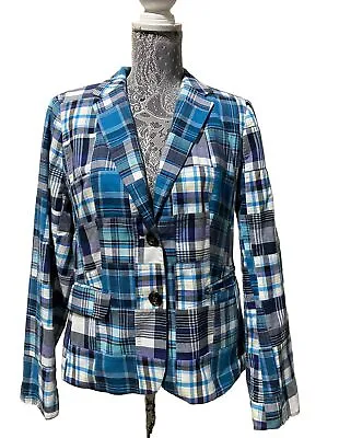 Talbots Jacket Madras Patchwork Plaid Blazer Womens Sz 10 Cotton Blue White • $29