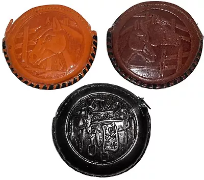 Mens/ladies Tooled Mexican Leather Small Round Coin Purse Wallet • $13.99