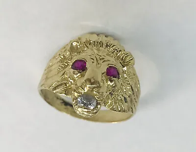 $319.99 • Buy 10K Yellow Gold Mens Lion Head Pinky Ring Size 8.5 Fancy Band Created Ruby Eyes