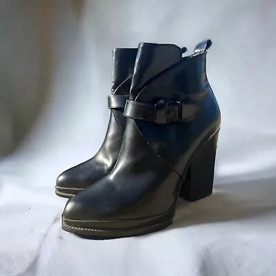 Zara Ankle 4  Heel Boots W/Buckle Black Faux Patent Leather Size EU 38 US 7.5 • $30