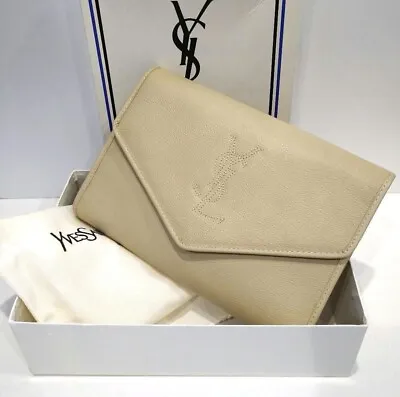 *Rare* YVES SAINT LAURENT Clutch Hand Bag Purse Leather Beige YSL Box Auth #0166 • $329.99