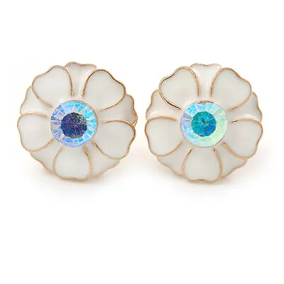 £7.90 • Buy White Enamel Crystal Daisy Stud Earrings In Gold Tone - 15mm D