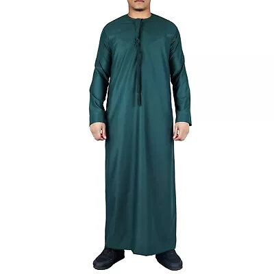 Men's Green Thobe Emirati Islamic Clothing Jubba Robe Muslim Eid Ramadan Tassel • £34.99