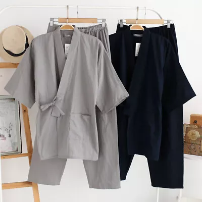 Men Japanese Kimono Pajamas 3/4 Sleeve Sleepwear Gauze Cotton Top+Pants Set • $25.86