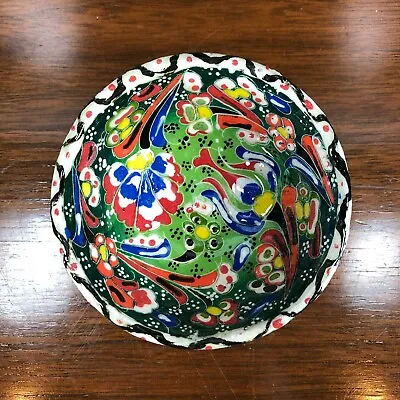 Turkish Slip Decorated Colorful Floral Folk Art Trinket Dish Small Bowl Boho • $6